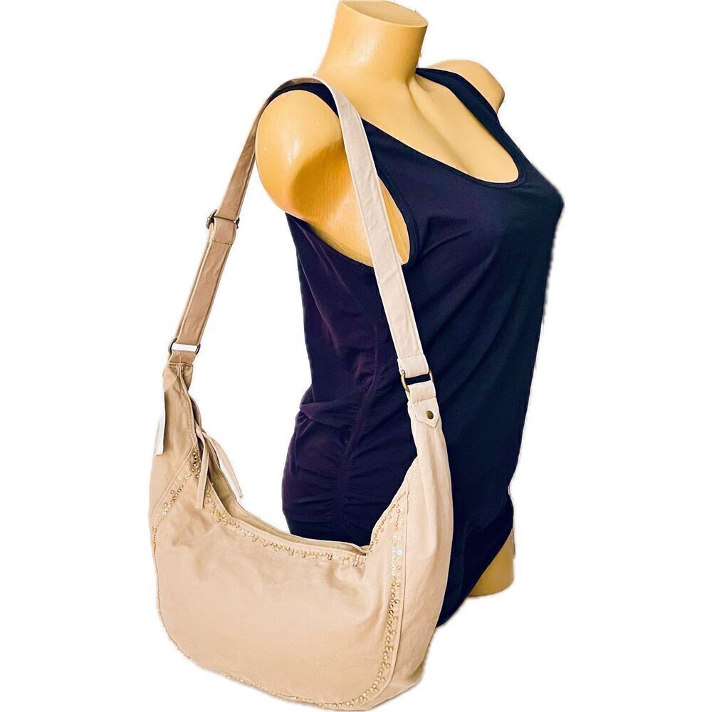 NWT Old Navy Gorgeous Adjustable tan gold sequin Canvas crossbody hobo bag